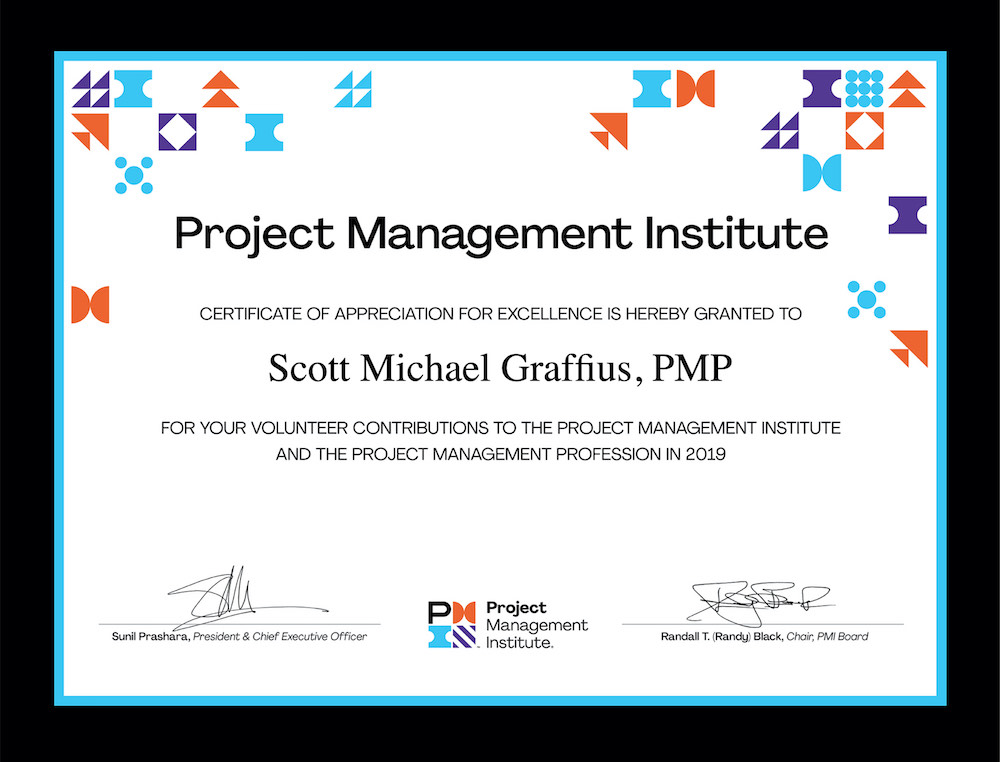 Certificate of Appreciation from Project Management Institute to Scott M Graffius for Volunteer Engagements in 2019 - LR-SQ